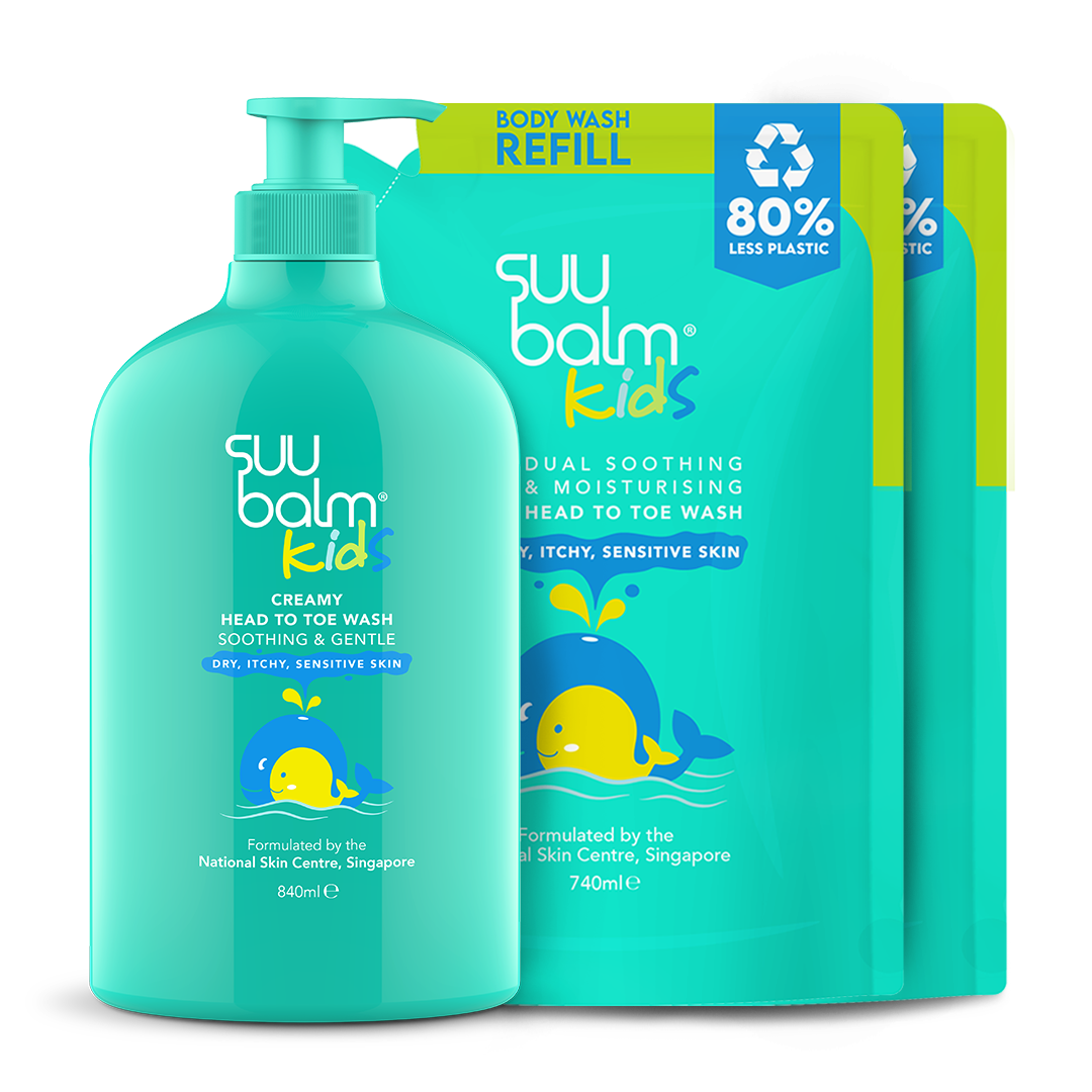 Suu Balm 儿童从头到脚舒缓温和乳液超值套装（840 毫升 + 2 x 740 毫升）