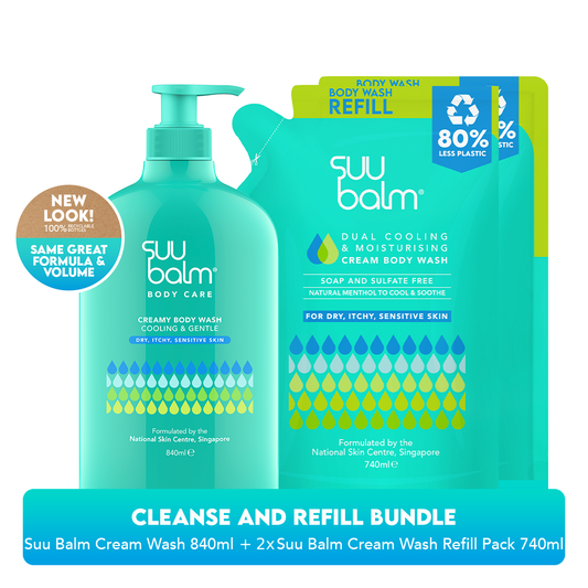 Suu Balm Penyejukan Dual & Pelembap Krim Body Wash Value Bundle (840ml + 2 x 740ml)