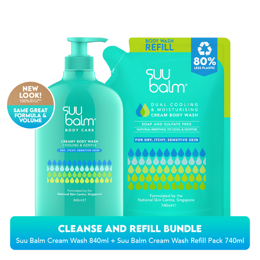 Suu Balm Penyejukan Dual & Pelembap Krim Badan Basuh Nilai Bundle (840ml + 740ml)