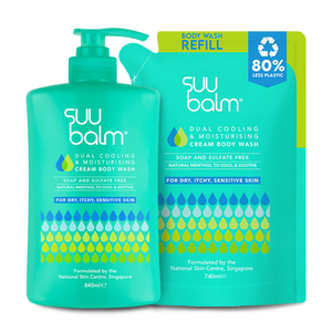 Suu Balm Penyejukan Dual & Pelembap Krim Badan Basuh Nilai Bundle (840ml + 740ml)