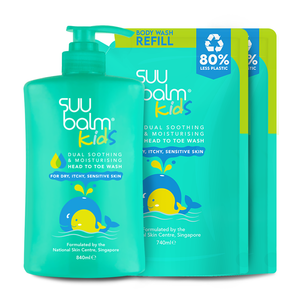 Suu Balm Kids Dual Menenangkan & Melembapkan Himpunan Nilai Basuh Kepala-ke-Kaki (840ml + 2 x 740ml)